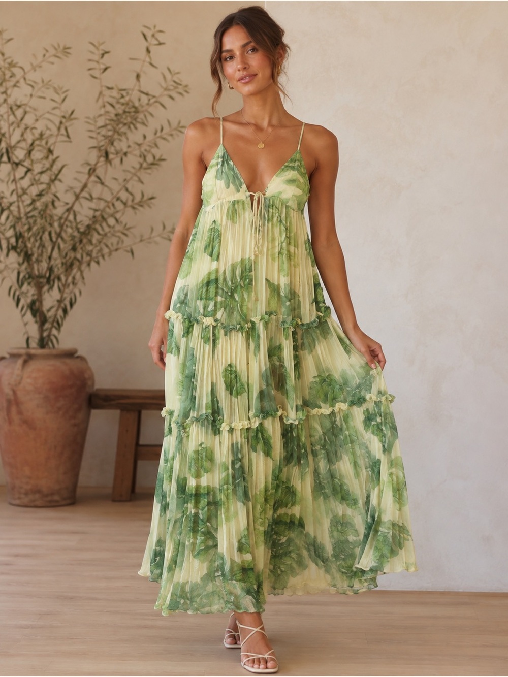 Free People Cream Maxi Dress with Green Leaf Print